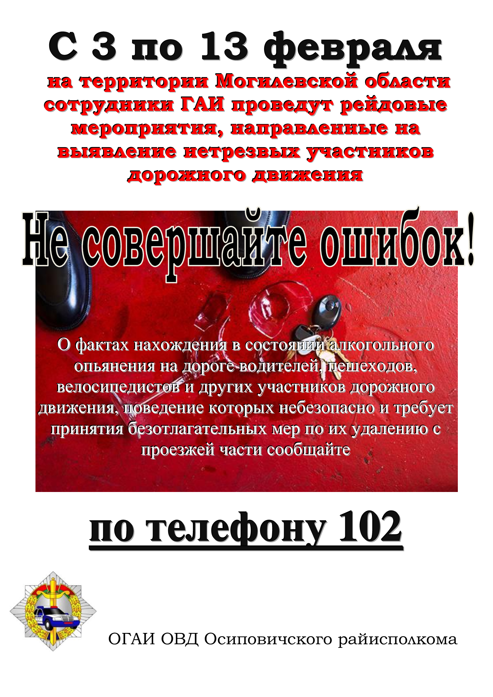 С 3 по 13 февраля 
 на территории Могилевской области сотрудники ГАИ проведут рейдовые мероприятия, направленные на выявление нетрезвых участников дорожного движения