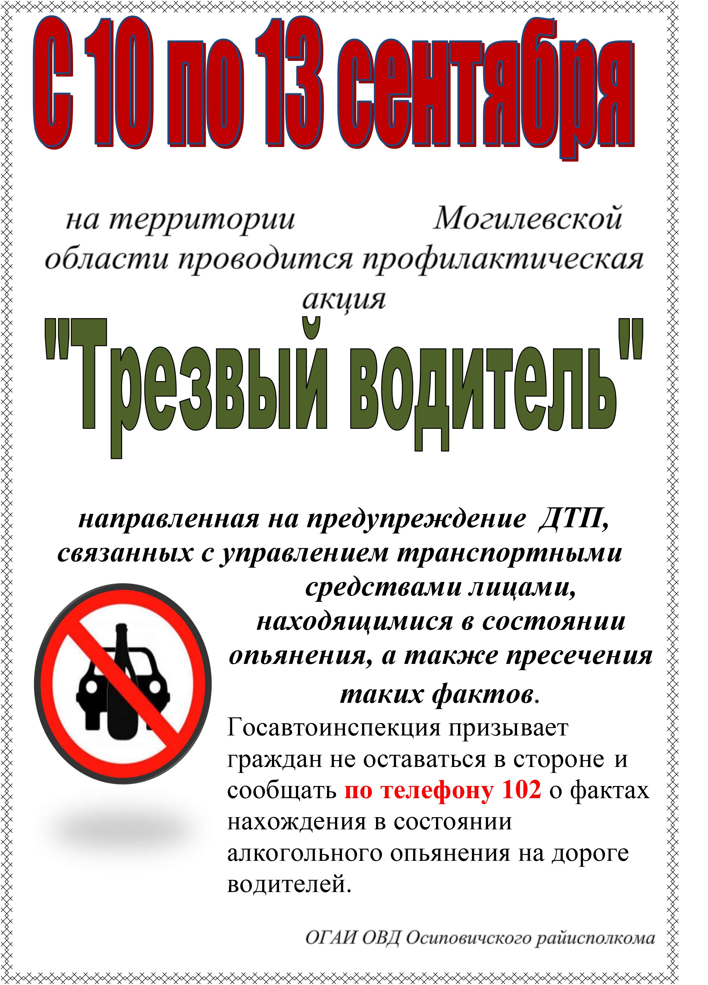 С 10 по 13 сентября на территории Могилевской области проводится профилактическая акция "Трезвый водитель"