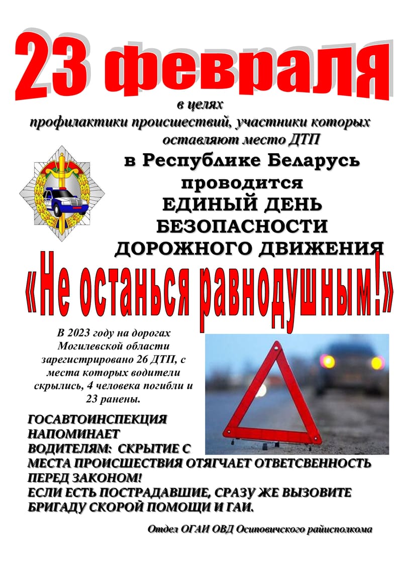 Информационные материалы для проведения профилактических бесед в рамках Единого дня безопасности дорожного движения «Не останься равнодушным!» (23 февраля 2024 года)